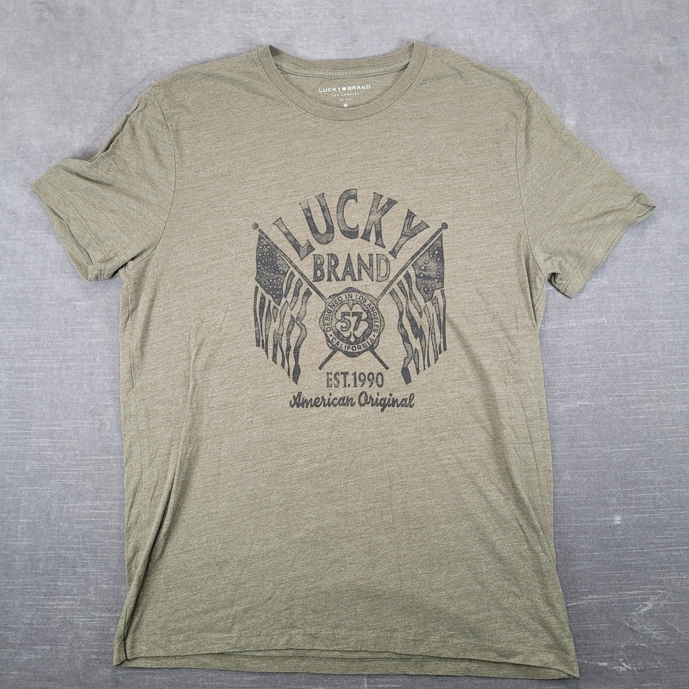 Lucky Brand Womens Medium Olive Green Graphic T-Shirt‎ American Original Flags M